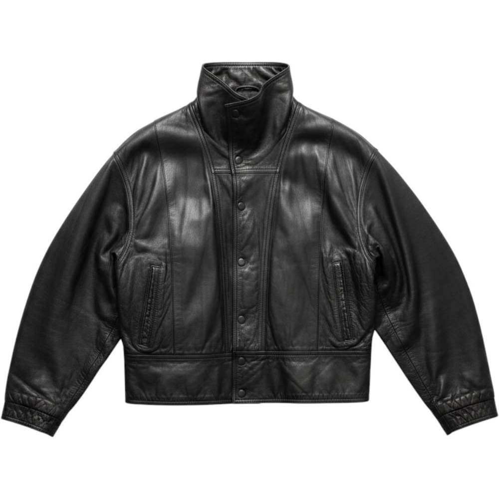 Vintage Leather Jacket L Black Funnel Neck Batwing Sleeve 80s Bomber Goth